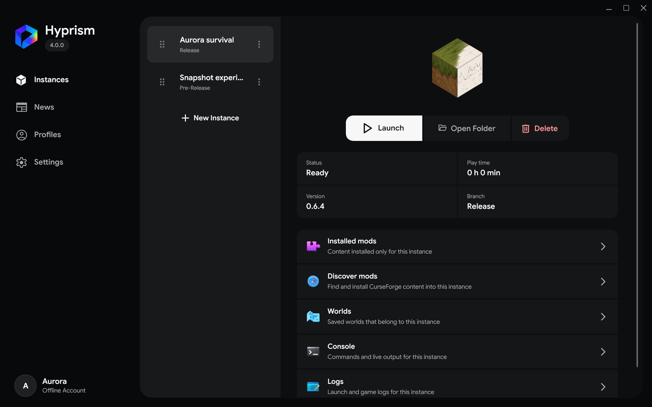 Instances list and the selected instance workspace