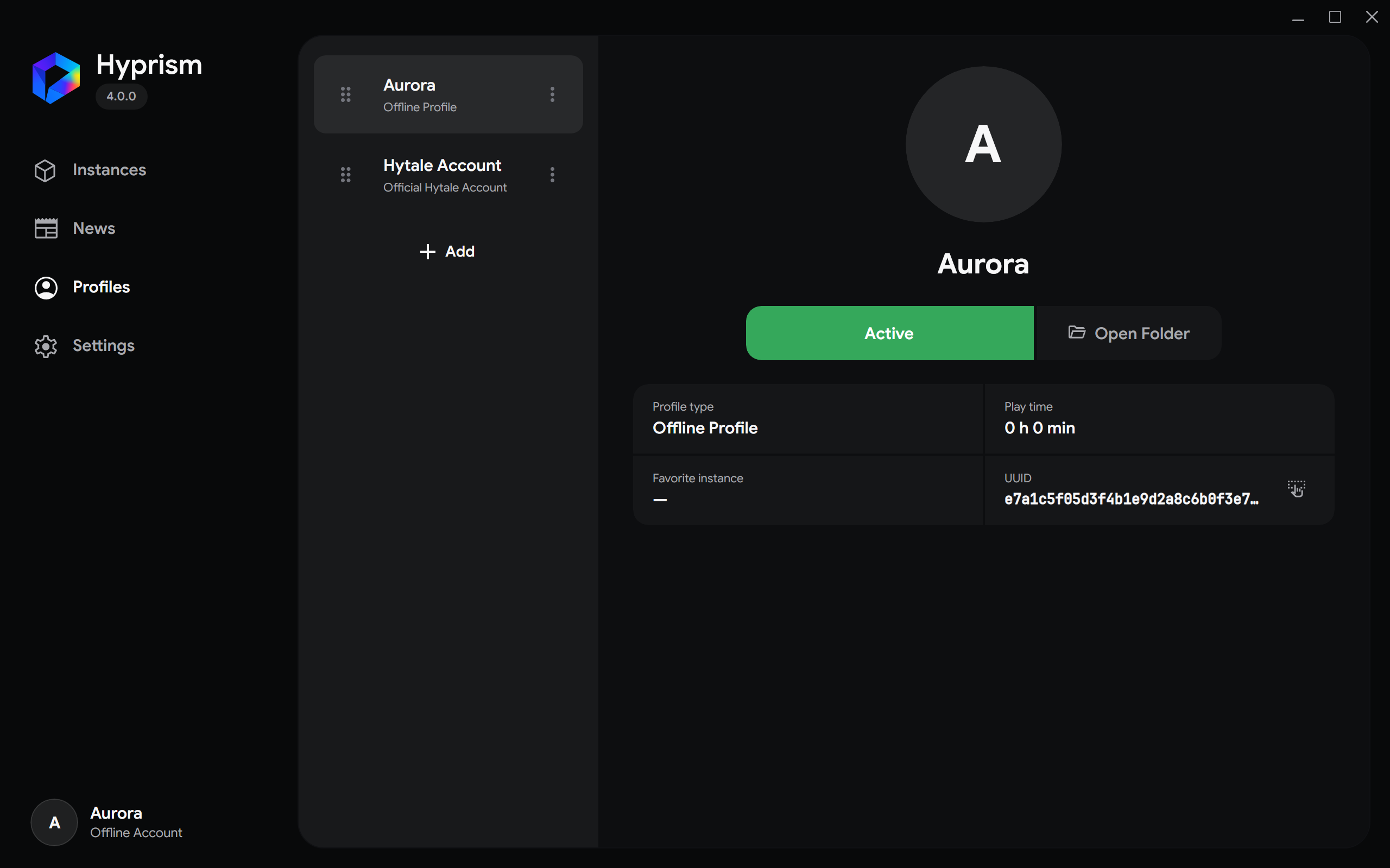 Profile list and details for the selected profile