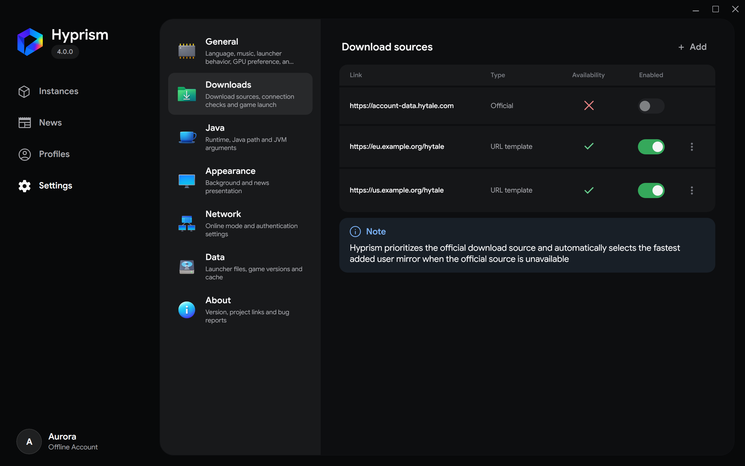 Official and user-added download sources